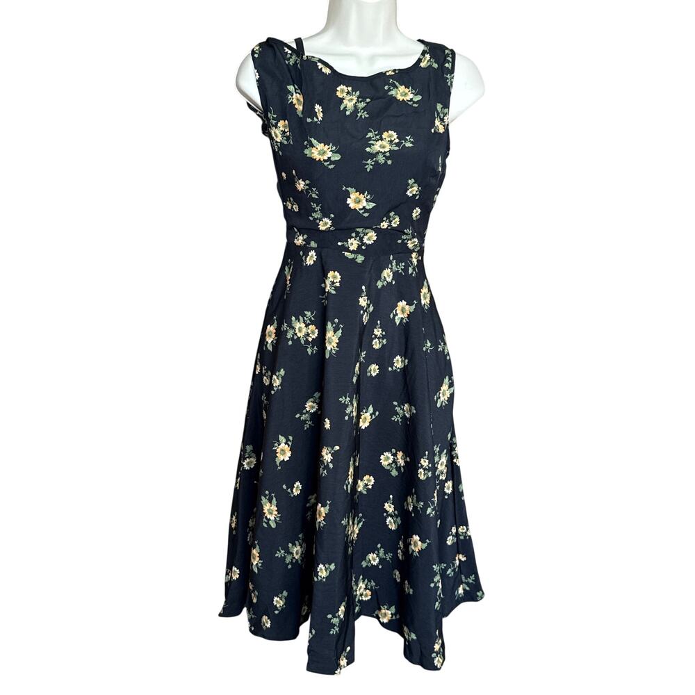 Unique Vintage Black Floral Fit and Flare Dress XS NWOT